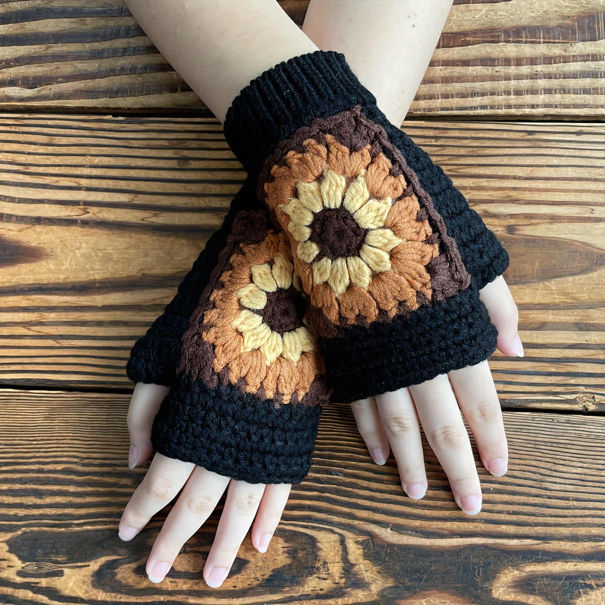 Vintage Style Fingerless Gloves - Short, Thick, Warm, Crochet Flower Knit, Coldproof, Autumn and Winter Essential for Women