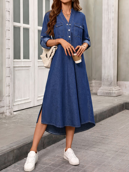 Split Side Plain Dark Washed Blue Button Closure V Neck Elegant Style Midi Denim Dress, Women's Denim Jeans & Clothing