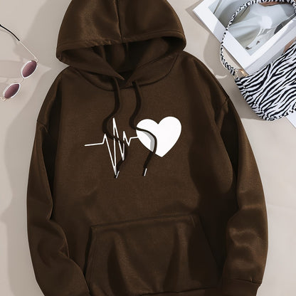 Casual Chic Heart Print Knit Hoodie - Women's Comfy Alphabet Pattern Top for Fall/Winter, Easy-Care & Stretchy