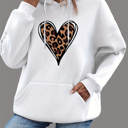 Women's Heart Print Kangaroo Pocket Casual Hoodie - Long Sleeve Drawstring Sweatshirt with Relaxed Fit, Soft Fabric, and Cozy Design for Everyday Wear