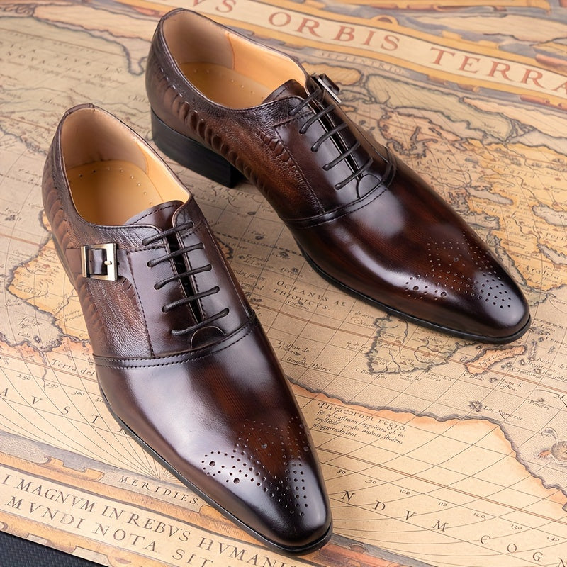 Men's Retro Style Brogue Oxfords With Top Leather Uppers, Wear-resistant Non Slip Lace-up Dress Shoes For Business Office Wedding Party