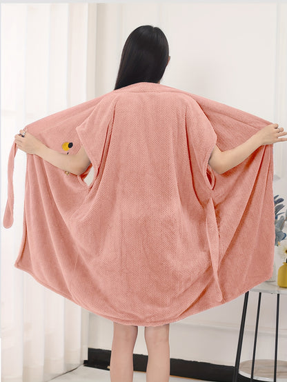 Women's Funny Face & Letter Embroidery Plush Bath Robe, Batwing Sleeve Surplice Neck Side Knot Bath Towel, Comfortable Nightgown For Fall And Winter