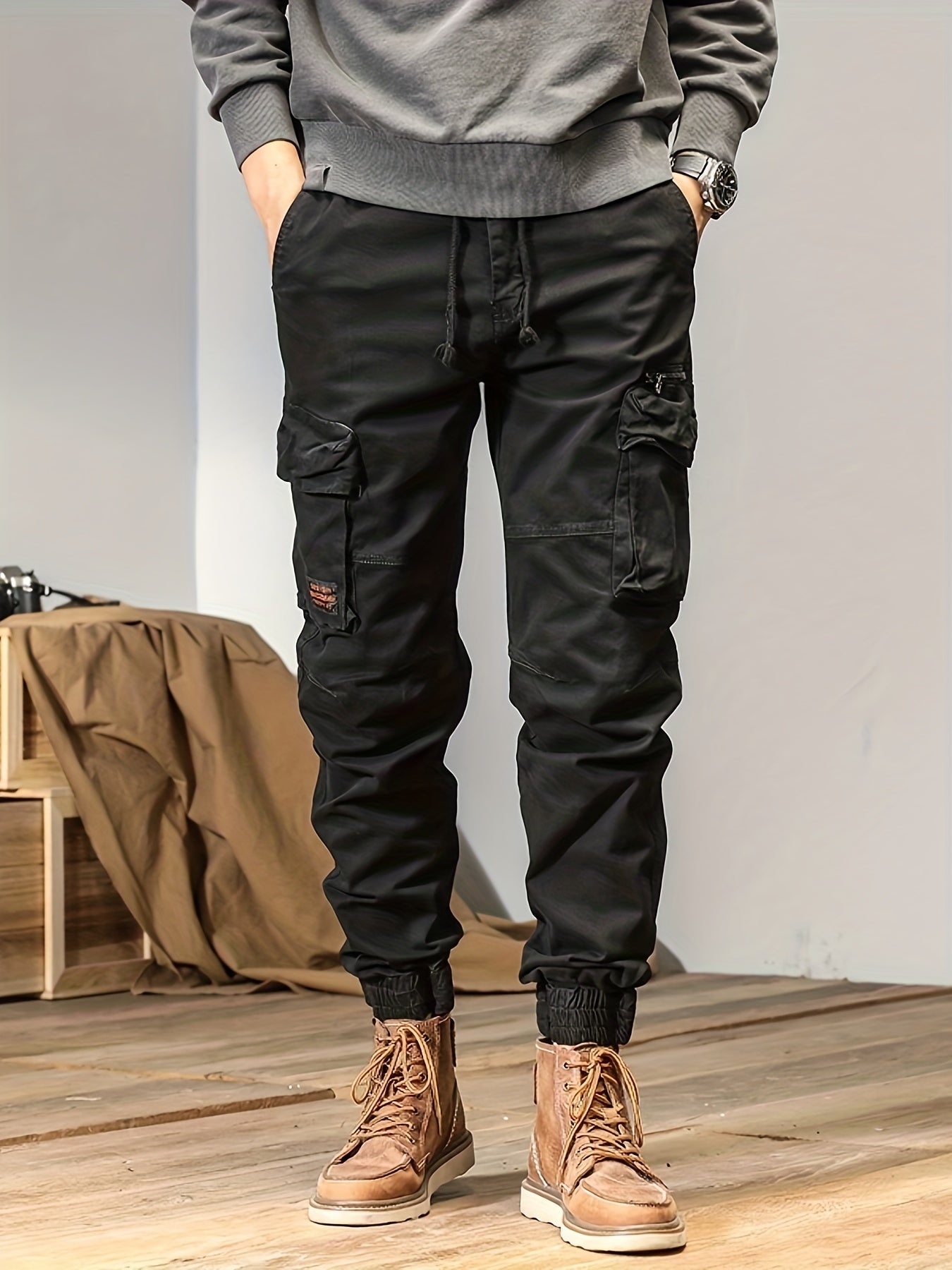 Regular Fit Solid Cotton Blend Cargo Pants - Multi Flap Pocket, Button Fly, Slight Stretch, Loose Casual Style - Ideal for Outdoor Work, Streetwear, and Hip Hop Fashion