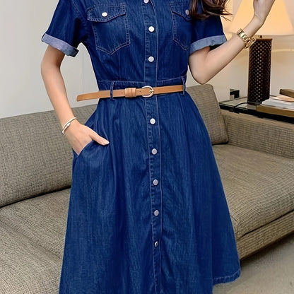 Chic Single-Breasted Denim Dress - Short Sleeve with Belted Waist - Elegant Lapel Casual Washed Style - Womens Premium Jeans Clothing