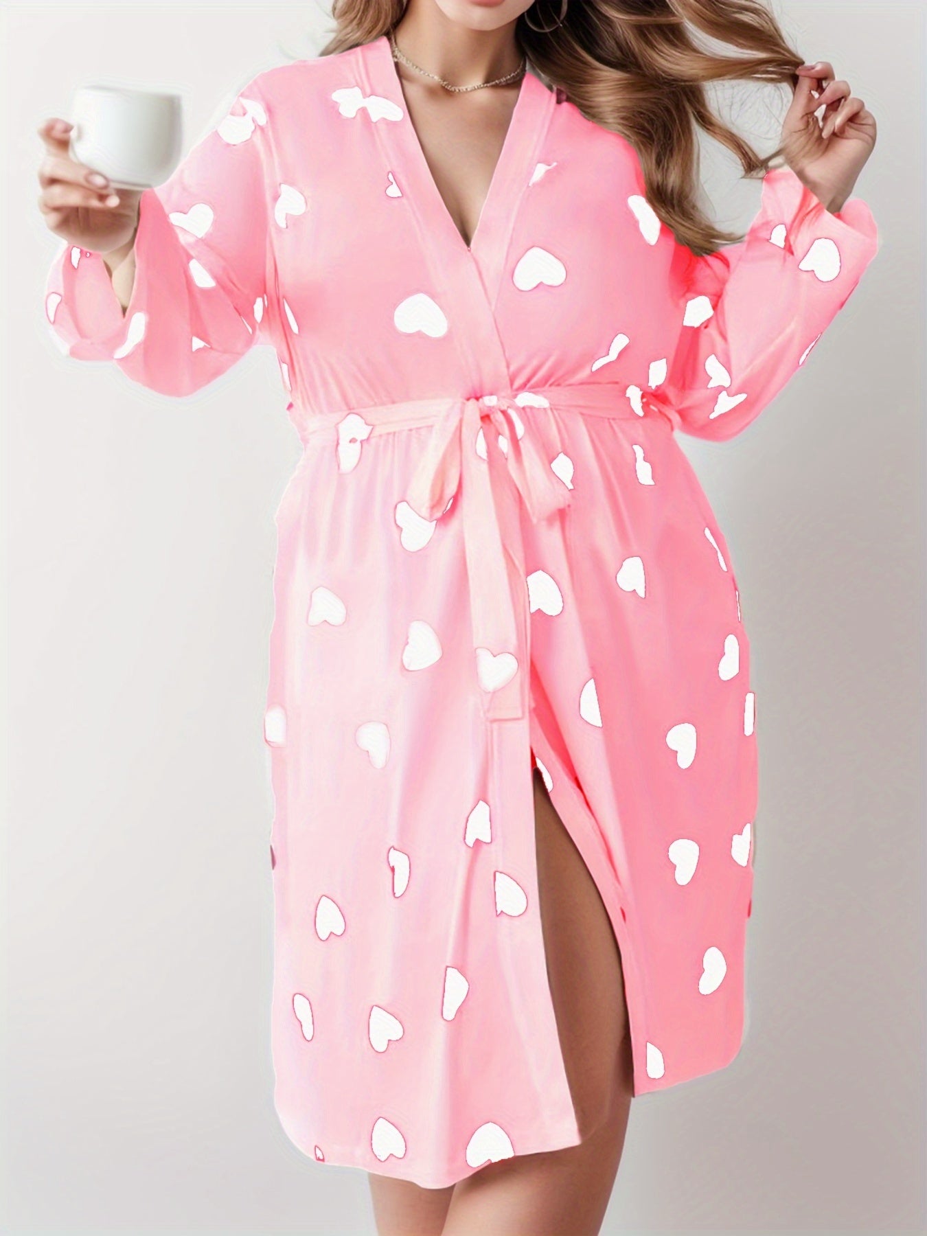 Cozy Plus Size Heart Print Long Sleeve Loungewear Robe - Women Plus - Soft, Open Front, Belted, Fall & Winter Nightgown for Relaxation