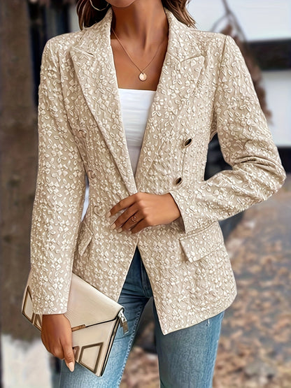 Textured Double Breasted Blazer, Elegant Long Sleeve Lapel Blazer For Work & Office, Women's Clothing