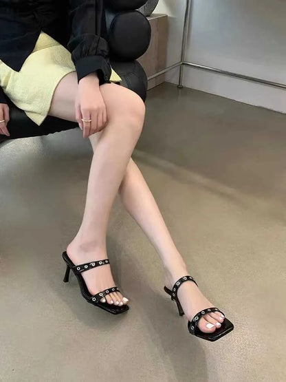 Dress Shoes Womens Slippers Outdoor  Summer New One Line Sandals Open Toe Square Head Thin Heels Black High H240527