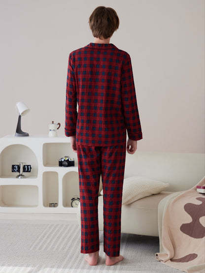 Men's Casual Plaid Pajamas Sets, Long Sleeve Lapel Neck Shirt & Loose Pants Lounge Wear, Home Indoor Sets For Winter Autumn