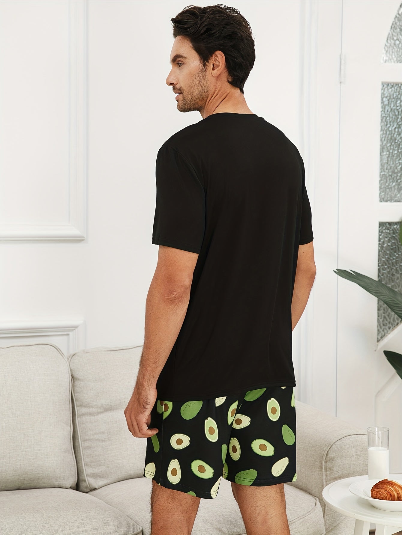 Men's Couple's 2 Pcs Leisure Pajama Suit - Cute Avocado Print Round Neck Short Sleeve & Shorts For Daily Wearing