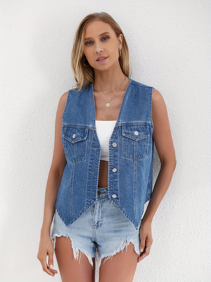 Distressed Denim Vest - Sleeveless Design, Trendy Frayed Hem, Button-Up Front, Casual Style Jean Jacket - Perfect for Spring and Summer Fashion, Versatile Outerwear for Everyday Wear