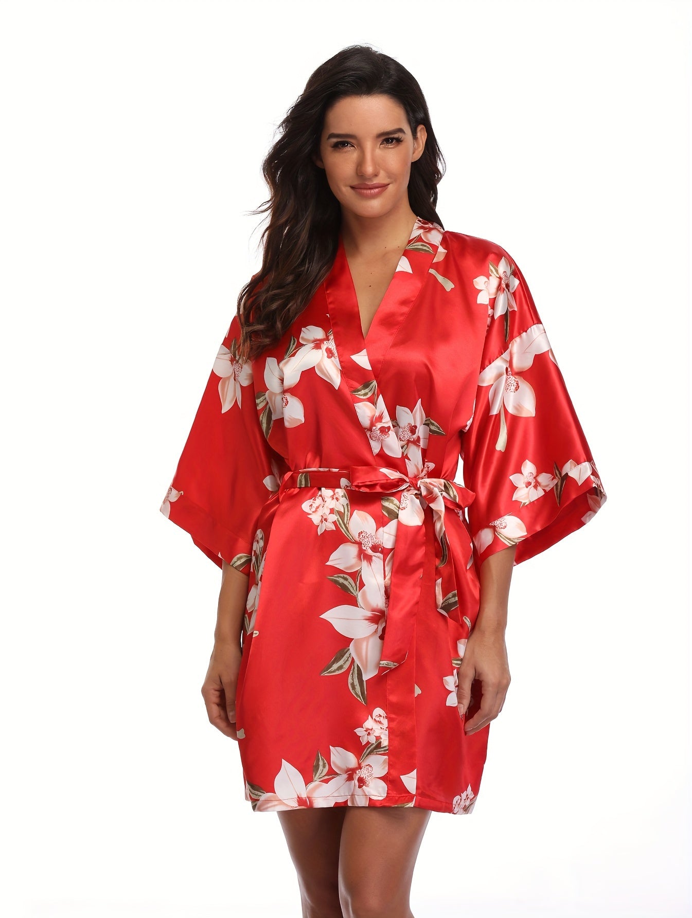 Romantic Floral Satin Kimono Robe - Luxurious Three-Quarter Sleeve V-Neck Sleepwear with Belted Waist for Women - Elegant Nighttime Elegance