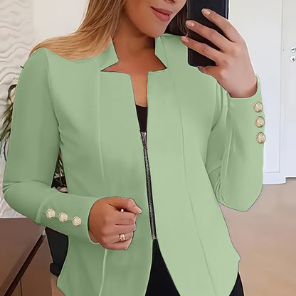 Fashionable Womens Solid Zip-Up Jacket with Button Detail - Comfy Long Sleeves, Casual Style - Premium Clothing Wardrobe Staple