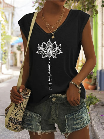 Lotus Print V Neck Tank Top, Cap Sleeve Casual Top For Summer & Spring, Women's Clothing