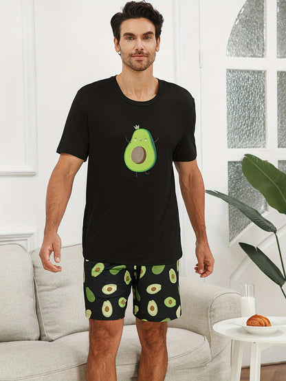 Men's Couple's 2 Pcs Leisure Pajama Suit - Cute Avocado Print Round Neck Short Sleeve & Shorts For Daily Wearing