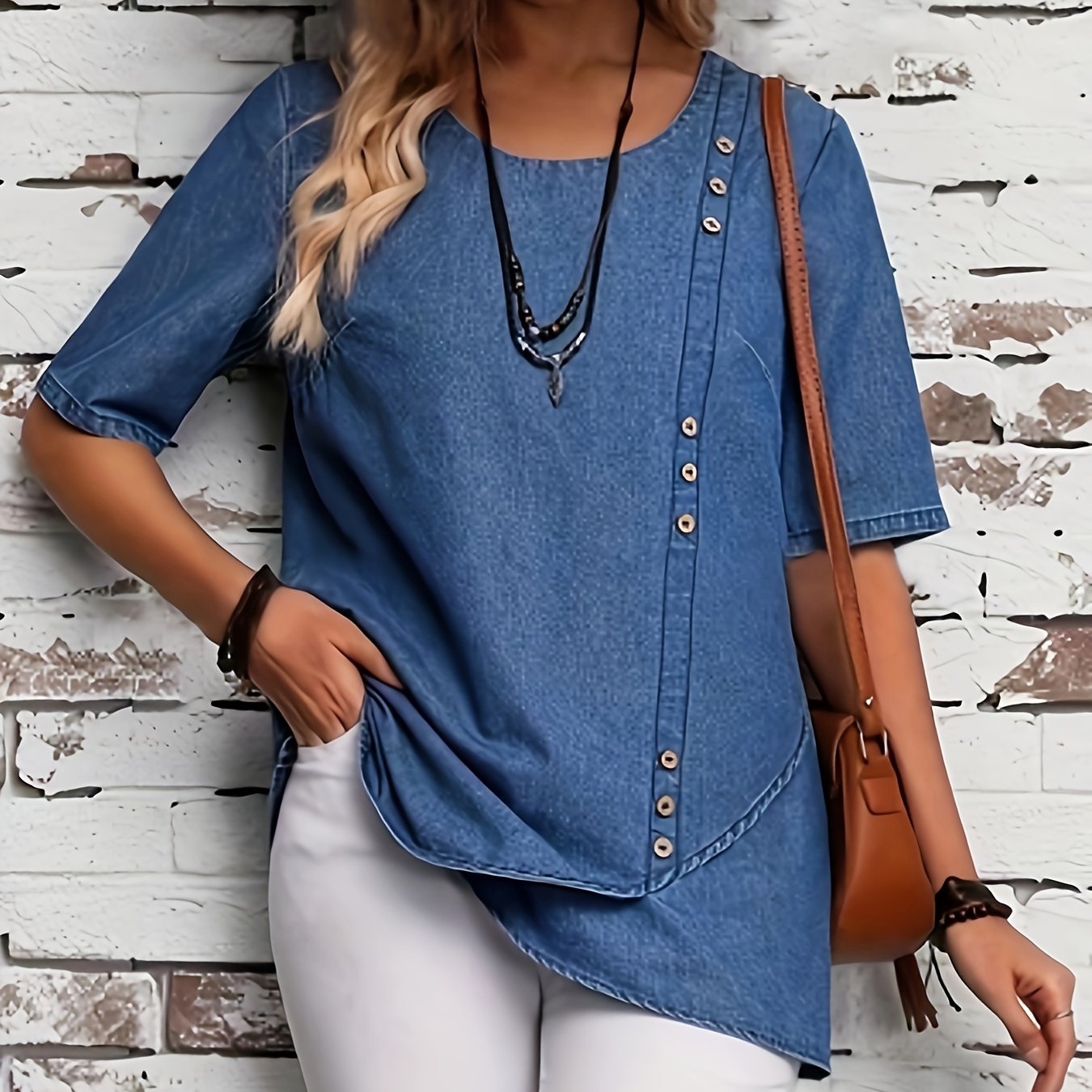 Stylish Elegant Denim Top - Exquisite Button Accents, Flattering Wrap Hem Design, Comfortable Half Sleeve Style, Perfect for Casual Occasions - Ideal for Daily Wear, Elevate Your Style