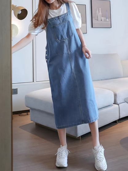 Effortless Chic Midi Denim Pinafore Dress - Versatile, Durable with Front Pockets for Spring/Fall