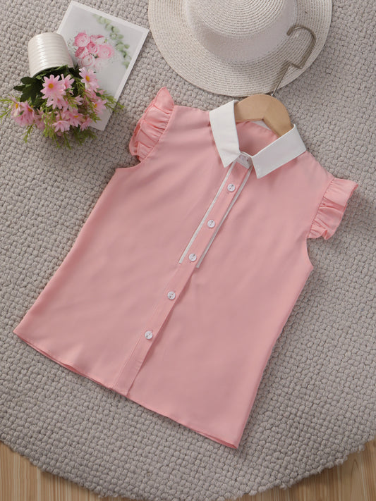 Girls Ruffle Sleeveless Contrast Collar Blouse Top For Summer