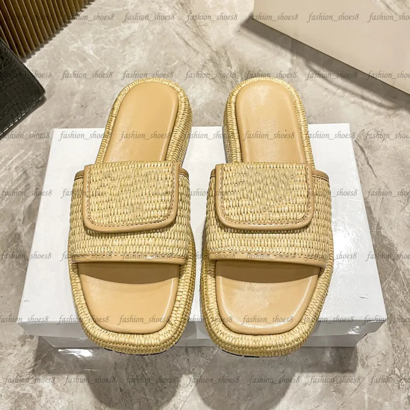 Women Designer Sandals Fashion Straw Sandal Platform Slippers Leather Slip-on Pool Slides Thick Heels Summer Beach Sandles Brown Black White Size 35-42