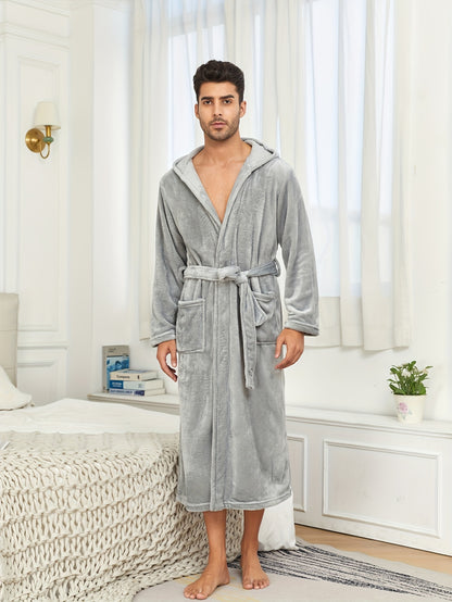 Ultra-Soft Flannel Double Layer Hooded Bathrobe for Men - Robes with Breathable Comfy Solid Color Design, Adjustable Belt, and Pajamas-Perfect Night-robe Set for Relaxation After a Bath