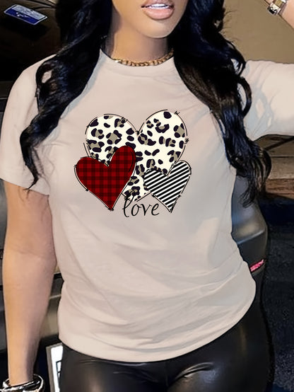 Chic Heart & Love Graphic Tee - Comfy Cotton Blend, Casual Short-Sleeve Crew Neck for Women