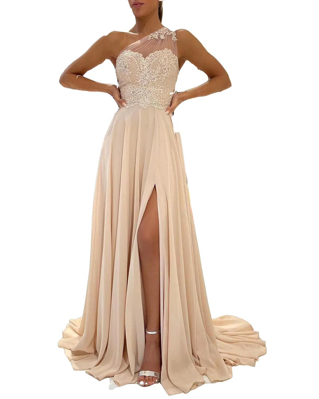 Bridesmaid Dresses Simple Champagne One Shoulder with Sheer Appliques Lace Chiffon Side Split Long Maid of Honor Gowns Prom Evening Dress Floor Length