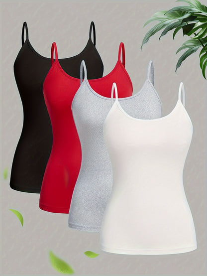 Solid Cami Top 4 Pack, Versatile Crew Neck Spaghetti Strap Top For Summer, Women's Clothing