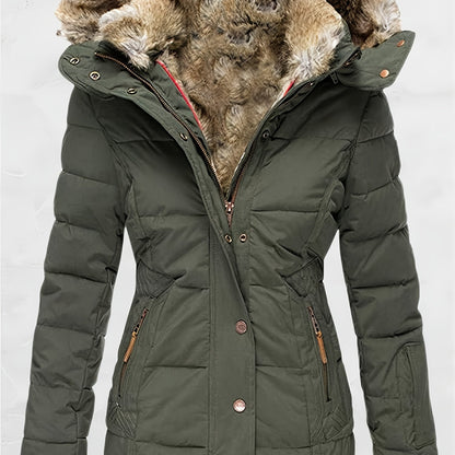 Winter Warmth Faux Fur Lined Coat - Cotton-Padded Jacket with Zipper, Hooded, Down Alternative Fill - Water Resistant and Windproof for Cold Weather