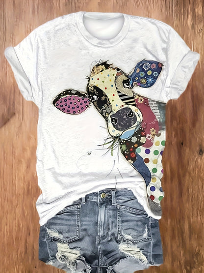 Chic Cow Print Womens T-shirt - Soft Crew Neck Short Sleeve Top - Fashionable & Casual Everyday Wear