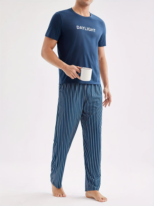 Men's Casual Crew Neck Short Sleeve Pajama Set with Striped Pants, 100% Polyester Knit Fabric, Slight Stretch, All Season Comfort Sleepwear Set