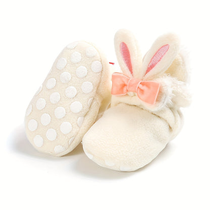 Myggpp Cute Bunny Ear Infant Booties - Casual & Party Ankle-High Walking Shoes with Hook and Loop Fastener, Soft Fabric Upper and Inner Sole, Round Toe, Solid Color with Cartoon Design for Boys and Infants, Suitable for All Seasons