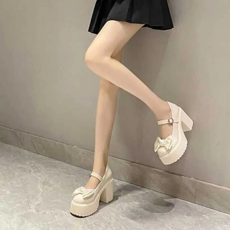 Dress Shoes Summer and Autumn Fashion New Solid Color Bow Popular Thick Bottom Buckle Round High Heels H240527 D4KO