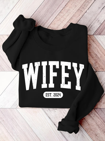 Cozy Wifey Print Pullover Sweatshirt - Soft Mid-Elasticity Polyester Crew Neck Casual Long Sleeve Top for Fall & Winter - Machine Washable, Alphabets Pattern, Knit Fabric, Perfect for Womens Everyday Wear