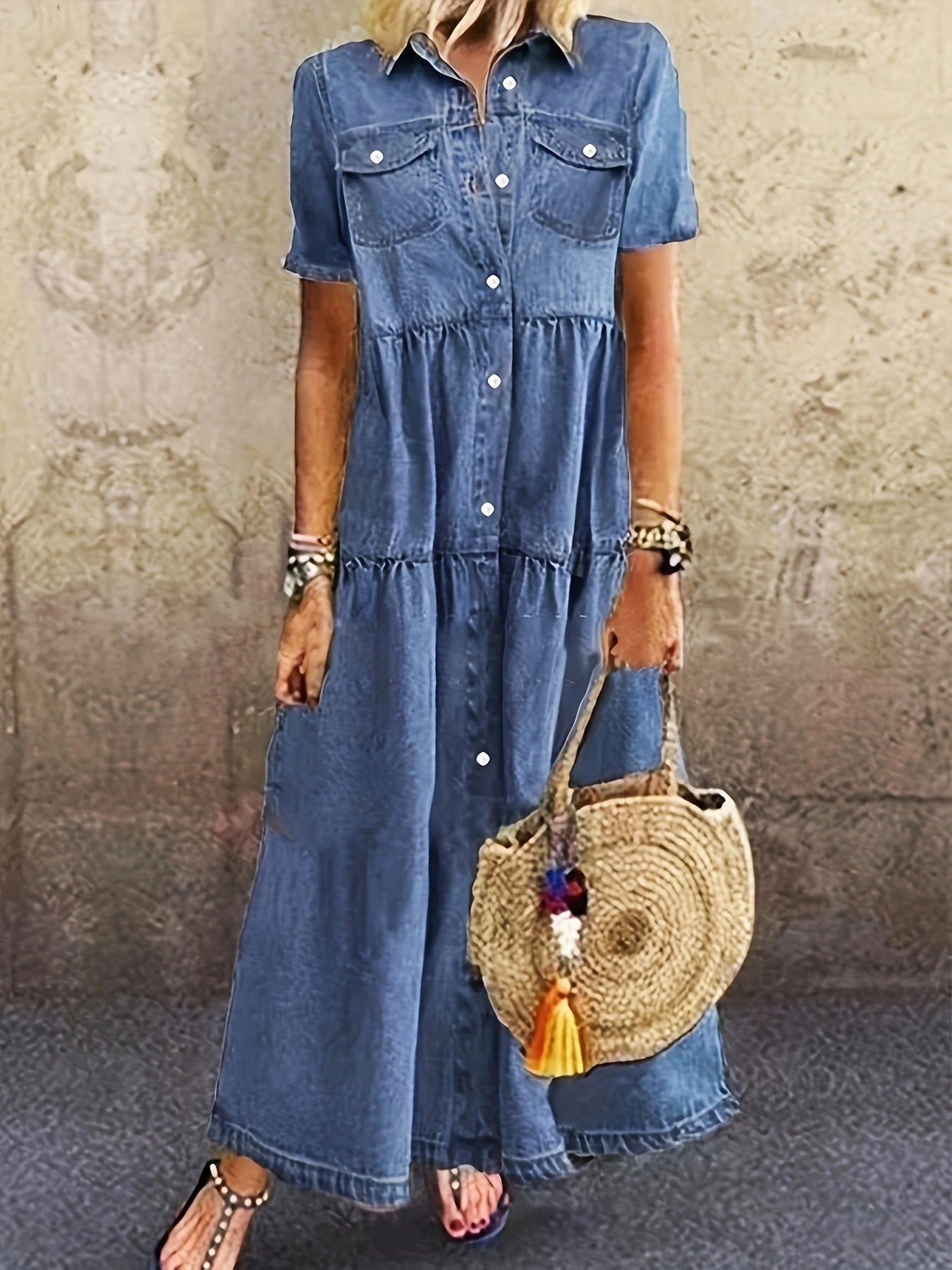 Plain Washed Blue Short Sleeve Button Up Causal Style Loose Fit Maxi Denim Dress, Women's Denim Jeans & Clothing