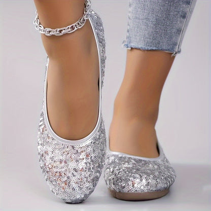 Women's Glitter Fashion Flats, Comfortable Slip-on Ballet Shoes With Sequins For Casual Wear