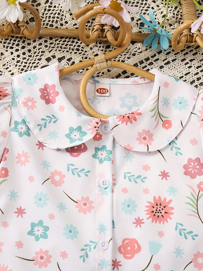 Cute Girls Ditsy Floral Lapel Collar Short Sleeve Shirt - Loose Fit, Non-Stretch Polyester, Hand Wash Only, Perfect for Spring and Summer - Adorable Blouse for Little Ladies