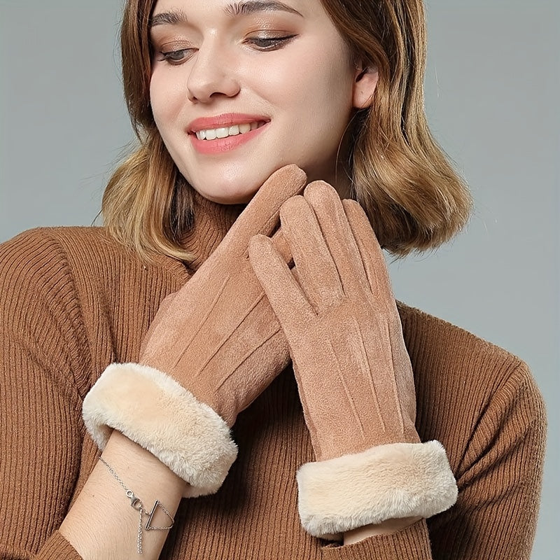 Simple Plush Cuff Suede Gloves Solid Color Plus Velvet Thickened Warm Gloves Women's Autumn Winter Windproof Coldproof Gloves