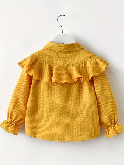 Girls Ruffle Hem Long Sleeve Shirt Solid Color Cute Kids Blouse Top For Spring And Autumn