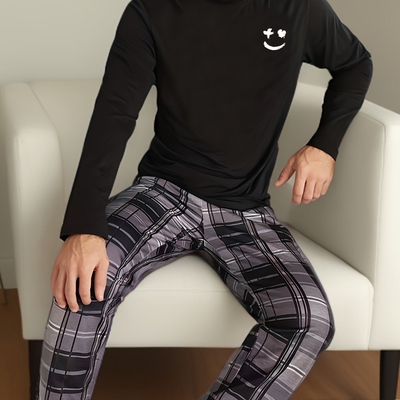 2 Pcs Men's Pajama Sets, Happy Face Pattern Long Sleeves & Plaid Pants, Comfortable & Gentle Style Pajamas For Men's Summer Cozy Loungewear