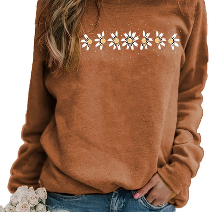 Long Sleeve Crew Neck Floral Print Casual Sweatshirt - Soft Cotton, Slight Stretch, Micro Elasticity, Raglan Sleeve - Perfect for Daily Wear in Spring, Summer, and Fall