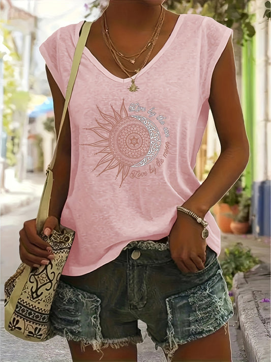 Vibrant Geometric Print V-Neck T-Shirt - Soft Cotton Blend, Micro Elasticity, Regular Length, Casual Style for Spring & Summer - Womens Fashion Essential