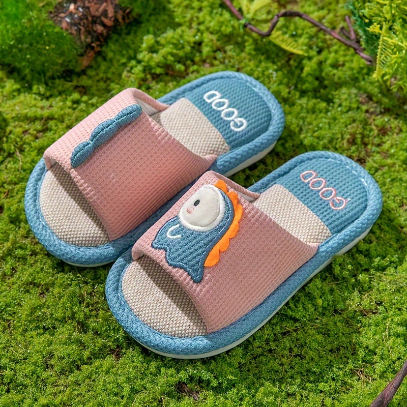 Boys and Girls Cotton Linen Home Slippers, Cute Cartoon Pattern, Spring/Autumn Season, Suitable for Indoor Use, Slip-On Closure, Breathable, Lightweight, Non-Slip, Fabric Upper, Fabric Liner, Fabric Sole, Round Toe, Suitable for Children Ages 14 and Under