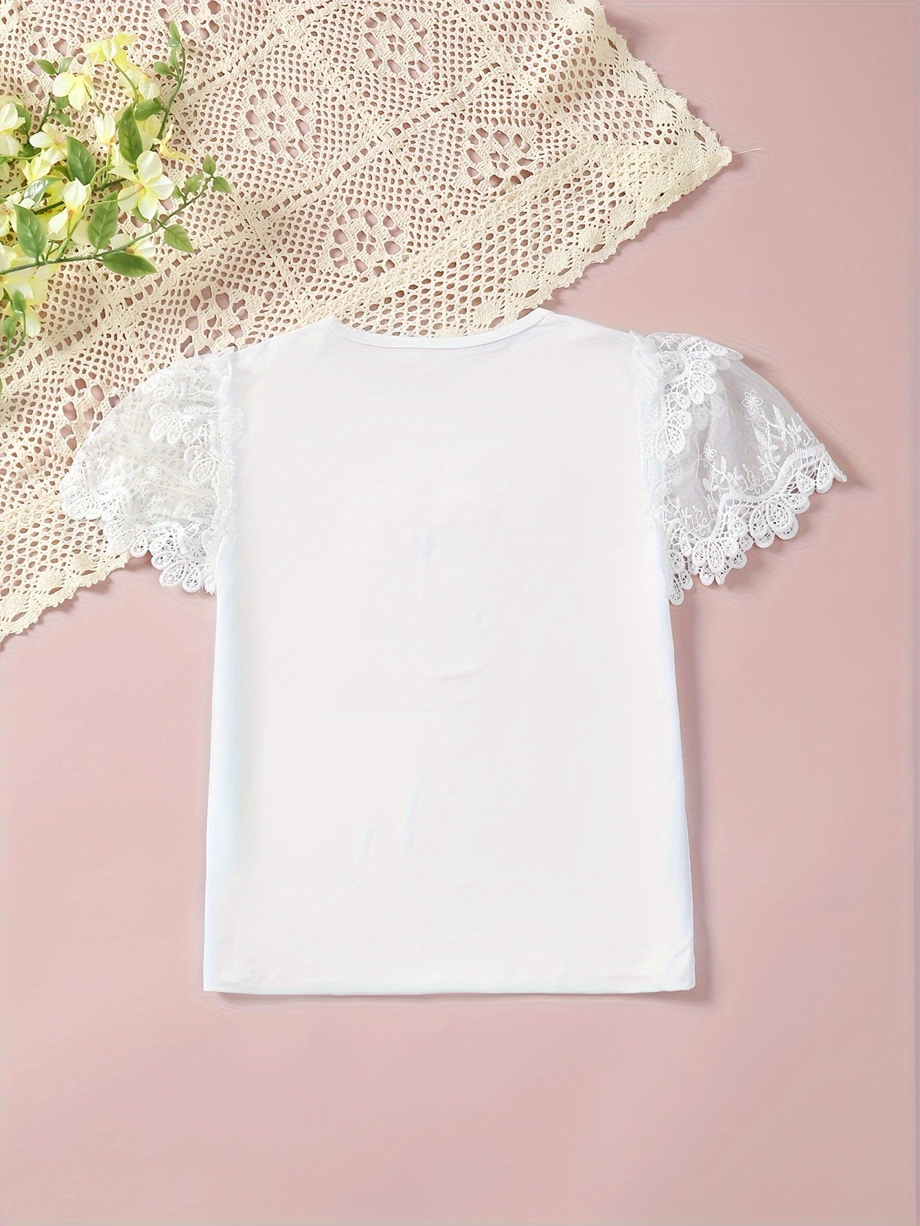 Girls Relaxed Fit Lace Patchwork Short Sleeve Pullover Blouse - Delicate Details, Easy Wear, Perfect for Casual Occasions and Young Girls