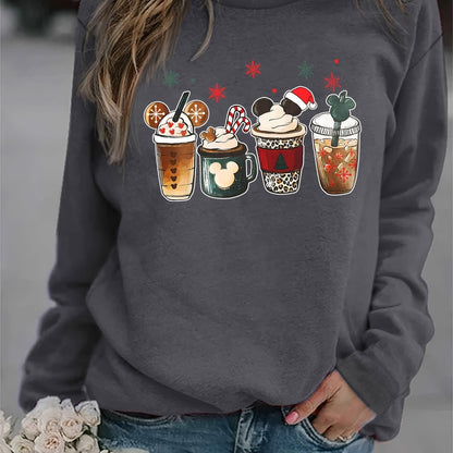 Christmas Coffee Print Sweatshirt, Casual Long Sleeve Crew Neck Sweatshirt, Women's Clothing