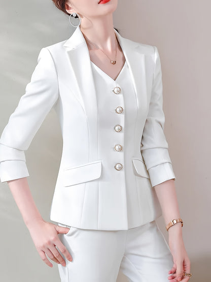 Single Breasted Elegant Suit Set for Women - Micro Elasticity Polyester Blazer and Straight Leg Pants with Notched Lapel, Button Details, and Machine Washable - Spring/Fall Solid Color Outfit for Adult