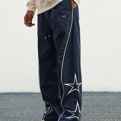 Stylish Loose Fit Wide Leg Drawstring Pants for Men - Comfortable Star Pattern Embroidery, Fashionable Relaxed Fit, Soft Fabric, Versatile Casual Wear - Perfect for Daily Life, Travel, and Outdoor Activities