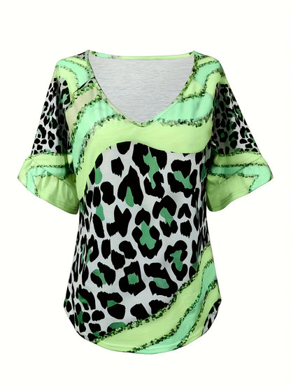 Vibrant Leopard Print V-Neck T-Shirt - Soft Mid-Elasticity Polyester Fabric, Casual Short Sleeve Design, Perfect for Spring and Summer, Womens Regular Fit Clothing