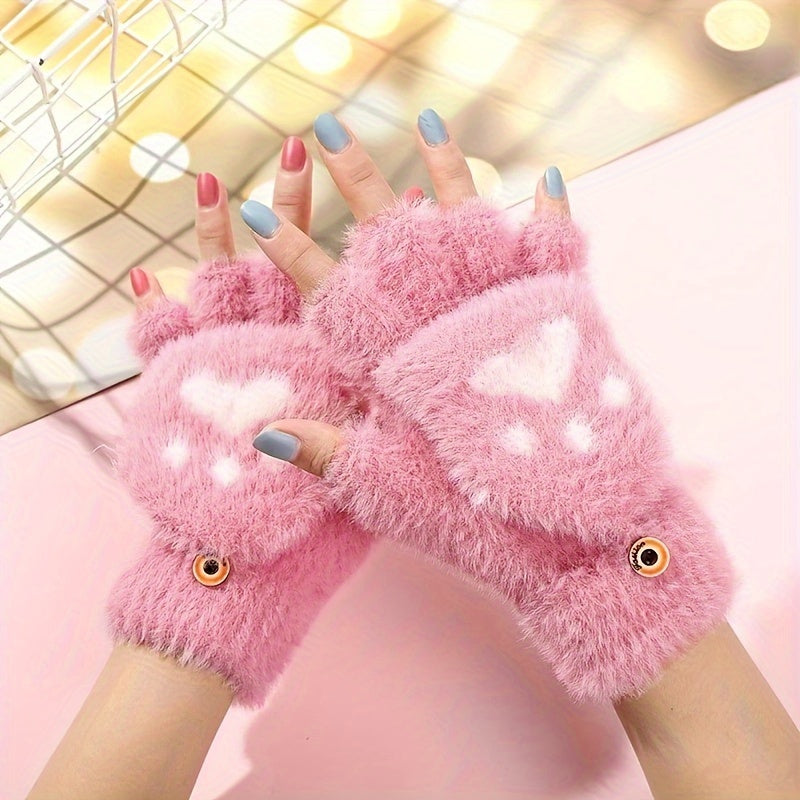 Cute Cat Paw Fuzzy Lined Mitten Gloves - Soft, Warm, Flip-Up, Fingerless, Winter Gloves with Aesthetic Design