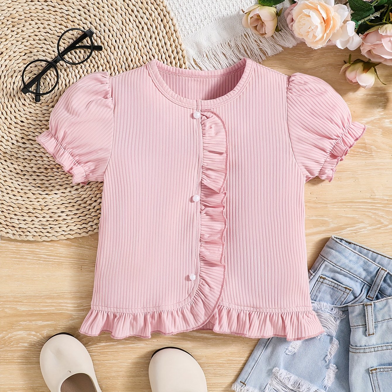 Girls Adorable Ruffled Hem Blouse - Puff Sleeves, White Button Detail, Cute Summer Style, Casual Wear, Soft Fabric, Relaxed Fit, Easy Care