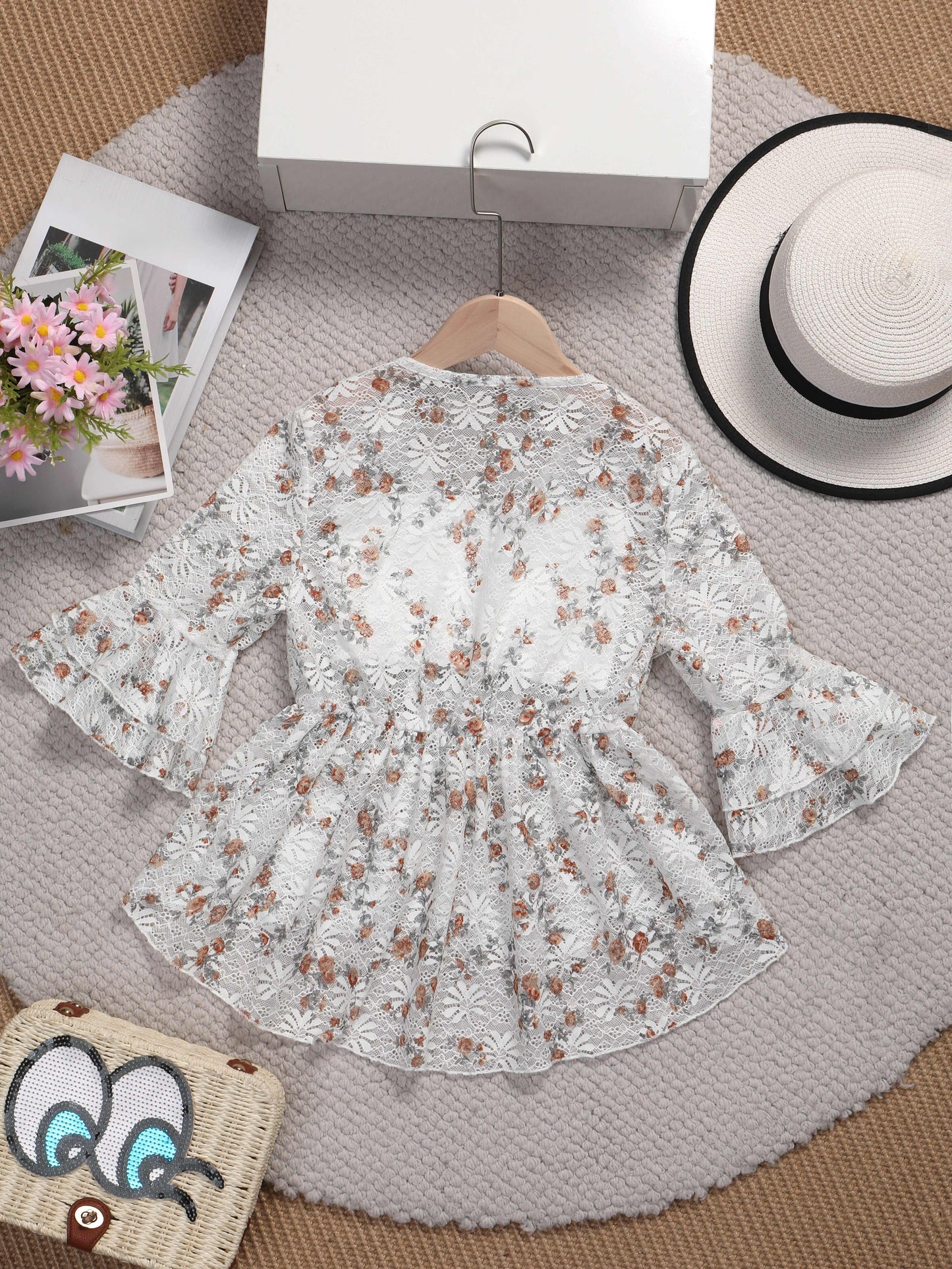 2-Piece Girls Floral Fashion Peplum Blouse Set - V-Neck, Three Quarter Length Flared Sleeves, Loose Fit, Slight Stretch, Sheer, Dipped Hem - Perfect for Summer