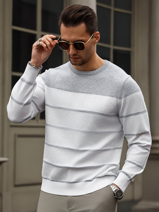 All Match Knitted Striped Sweater, Men's Casual Warm High Stretch Crew Neck Pullover Sweater For Men Fall Winter